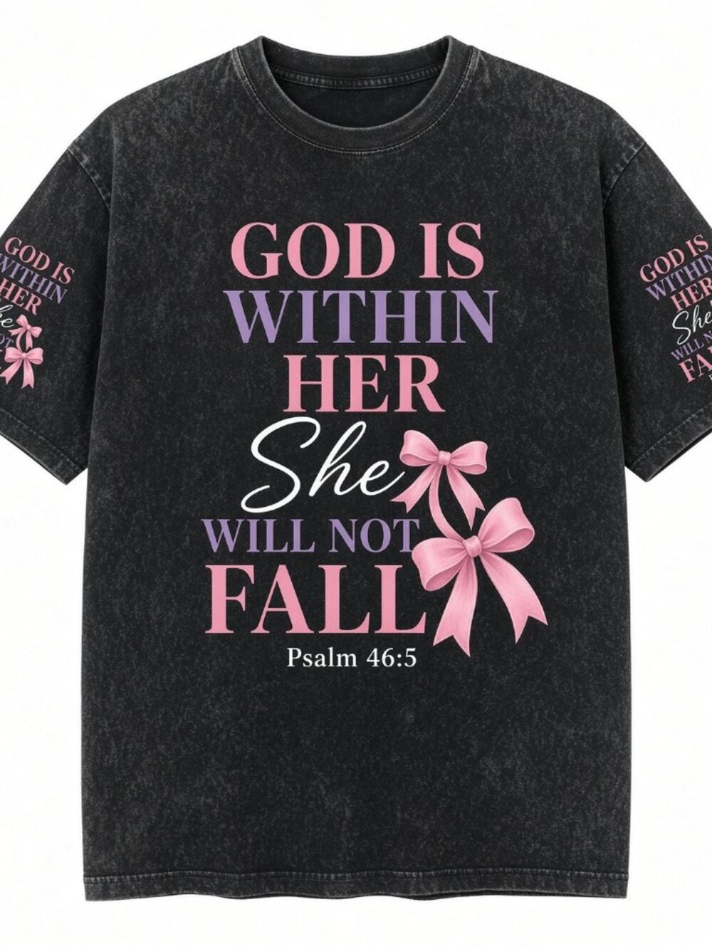 God Is Within Her She Will Not Fall Acid Wash Black Tee